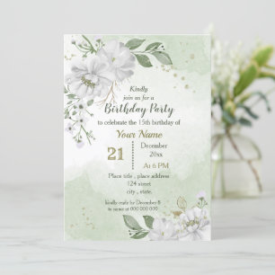 white flowers & green leaves birthday invitation