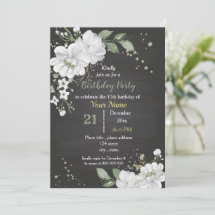 white flowers & green leaves birthday invitation