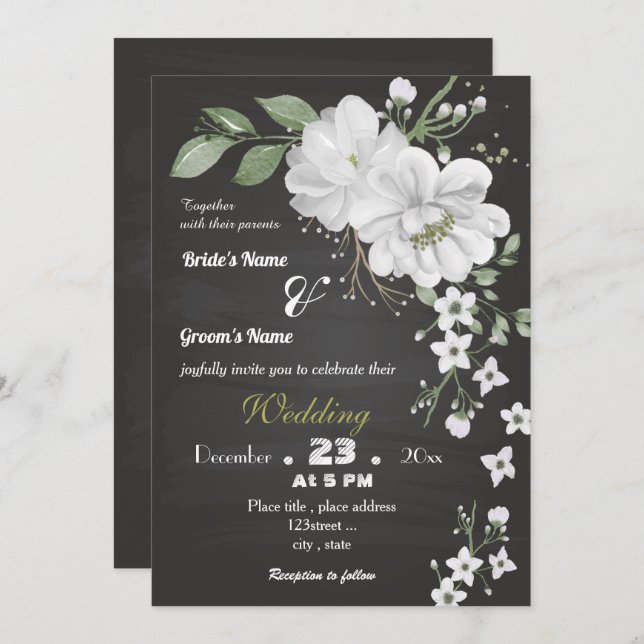 white flowers green leaves black wedding invitation (Front/Back)