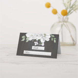 white flowers green leaves botanical black  place card