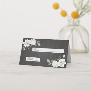white flowers green leaves botanical black  place  card