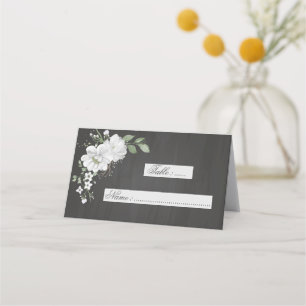 white flowers green leaves botanical black place card