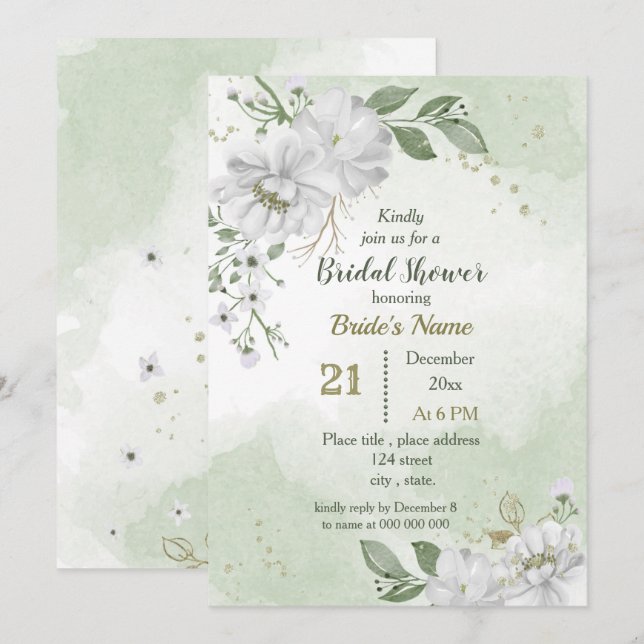 white flowers & green leaves bridal shower  invitation (Front/Back)