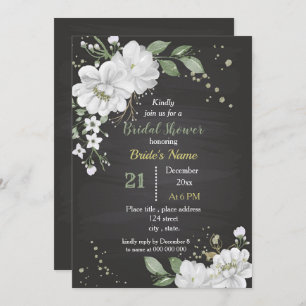white flowers & green leaves bridal shower invitation