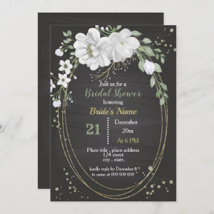 white flowers & green leaves oval bridal shower invitation