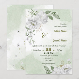 white flowers green leaves wedding invitation
