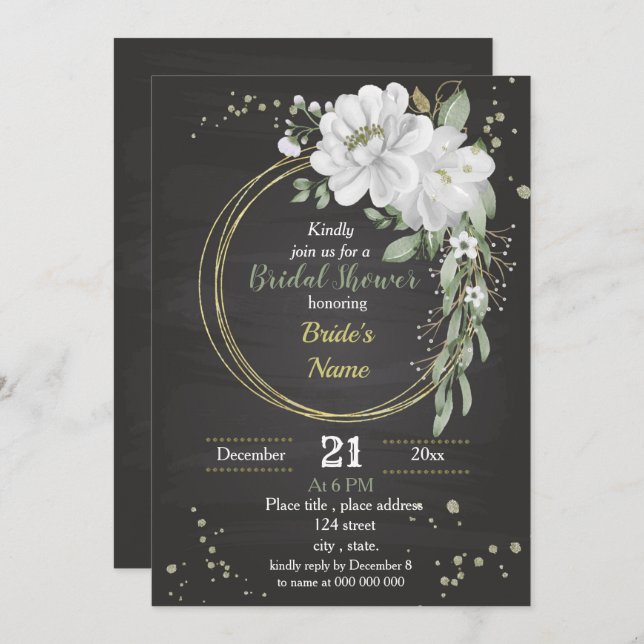 white flowers & green leaves wreath bridal shower invitation (Front/Back)
