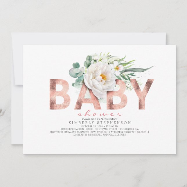 White Flowers Greenery and Rose Gold Baby Shower Invitation (Front)