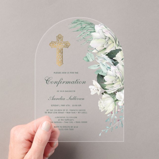 White Flowers Greenery Arch Confirmation Acrylic Invitations (Insitu (Handheld))