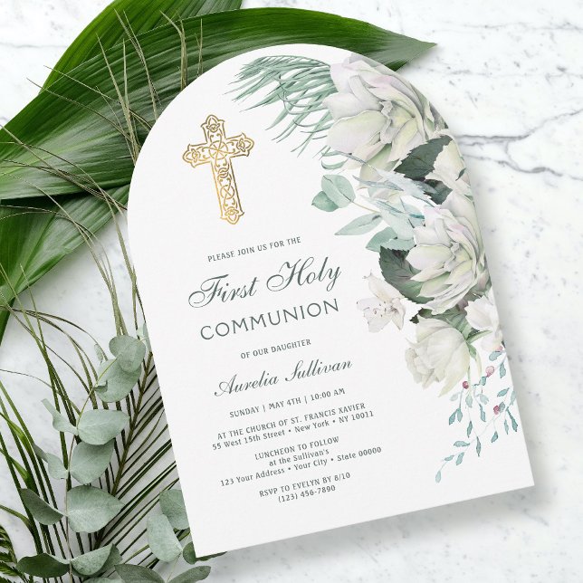 White Flowers Greenery Arch First Communion Invitation (Creator Uploaded)