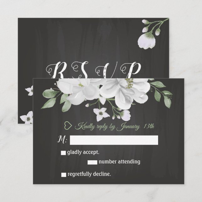 white flowers greenery black RSVP card (Front/Back)