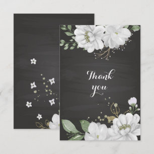 white flowers greenery black thank you card