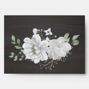 white flowers greenery black wedding envelope