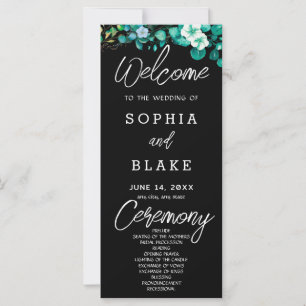 White Flowers Greenery Black Wedding Program