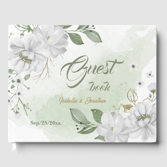 white flowers greenery gold  guest book (Front)