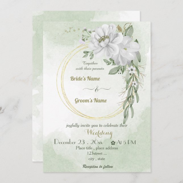 white flowers greenery gold wreath wedding invitation (Front/Back)