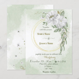 white flowers greenery gold wreath wedding invitation