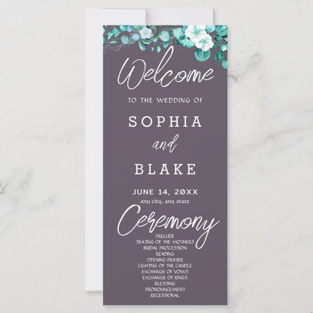 White Flowers Greenery Grey Wedding Program (Front)