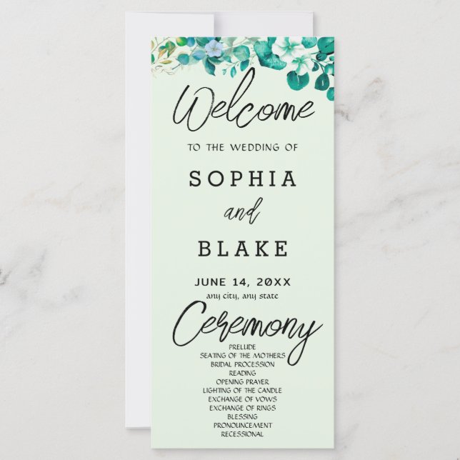 White Flowers Greenery Light Green Wedding Program (Front)