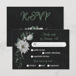 white flowers greenery meal choice black RSVP card