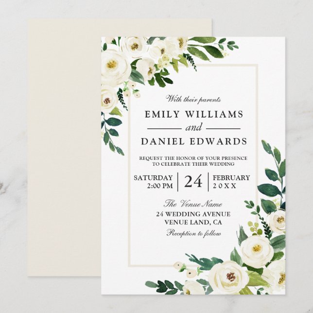 White Flowers Greenery Modern With Frame Wedding Invitation (Front/Back)