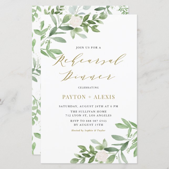 White Flowers Greenery Rehearsal Dinner Invitation (Front/Back)