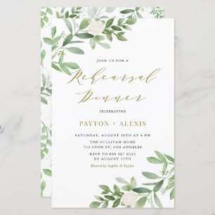 White Flowers Greenery Rehearsal Dinner Invitation