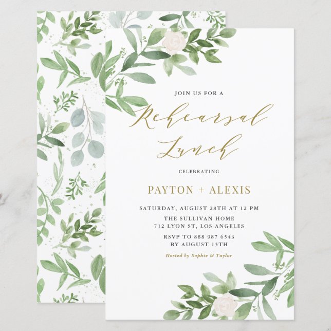 White Flowers Greenery Rehearsal Lunch Invitation (Front/Back)