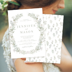 White flowers greenery rustic Wedding Invitation