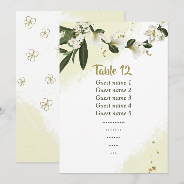 white flowers greenery seating chart table number (Front/Back)