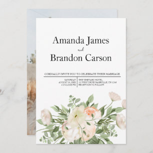 White Flowers Greenery Succulent Wedding Photo Invitation