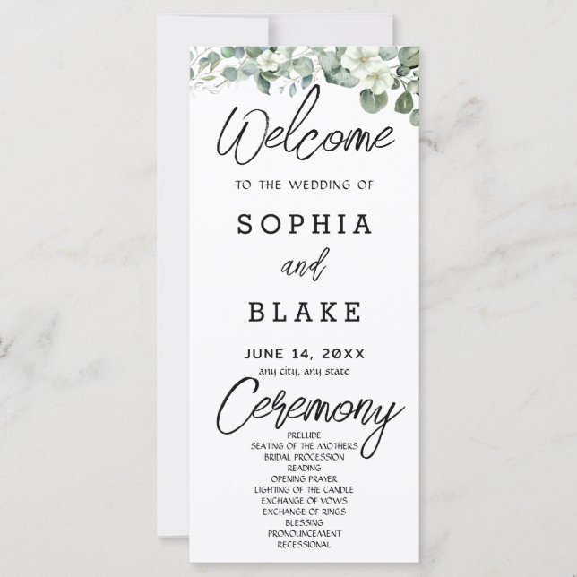 White Flowers Greenery White Wedding Program (Front)
