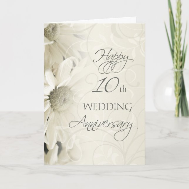 White Flowers Happy 10th Wedding  Anniversary Card (Front)