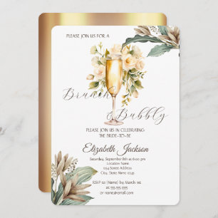 White Flowers Leaf Champagne Glass Bridal Shower Invitation
