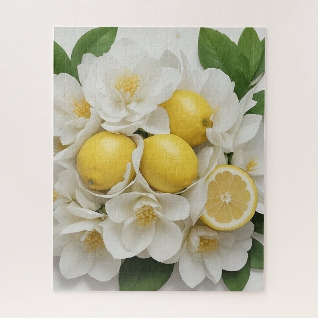 White Flowers, Lemons & Green Leaves on White Jigsaw Puzzle (Vertical)