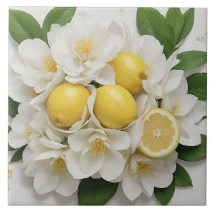 White Flowers, Lemons & Green Leaves on White Tile