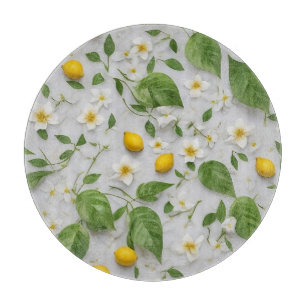 White Flowers Lemons Green Leaves Pattern on White Cutting Board
