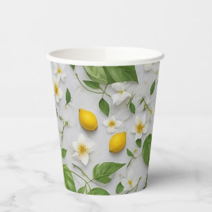 White Flowers Lemons Green Leaves Pattern on White Paper Cups