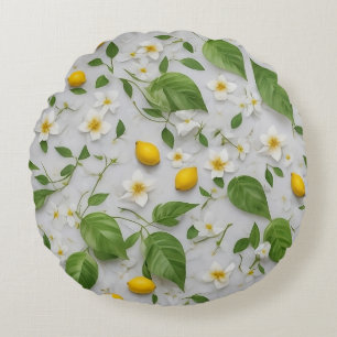 White Flowers Lemons Green Leaves Pattern on White Round Cushion