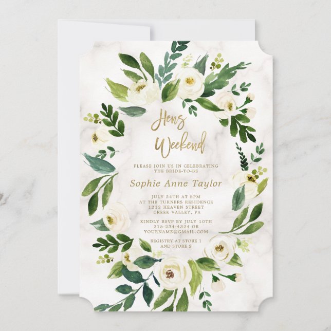 White Flowers Marble Hens Bachelorette Weekend Invitation (Front)