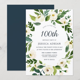 White Flowers Modern 100th Birthday Party Invite
