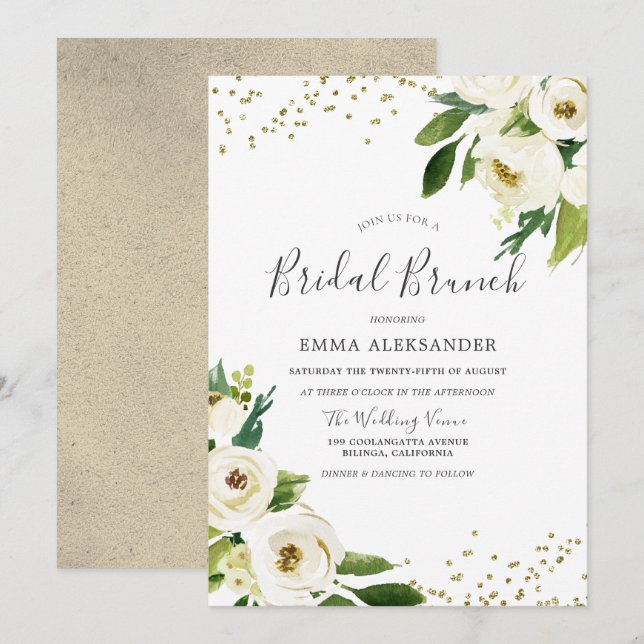 White Flowers Modern Bridal Shower Brunch Invite (Front/Back)
