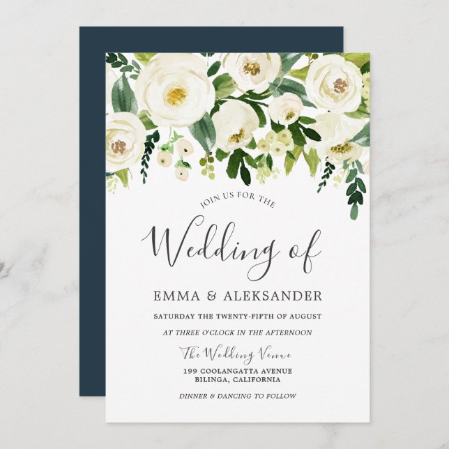 White Flowers Modern Wedding Invitation (Front/Back)
