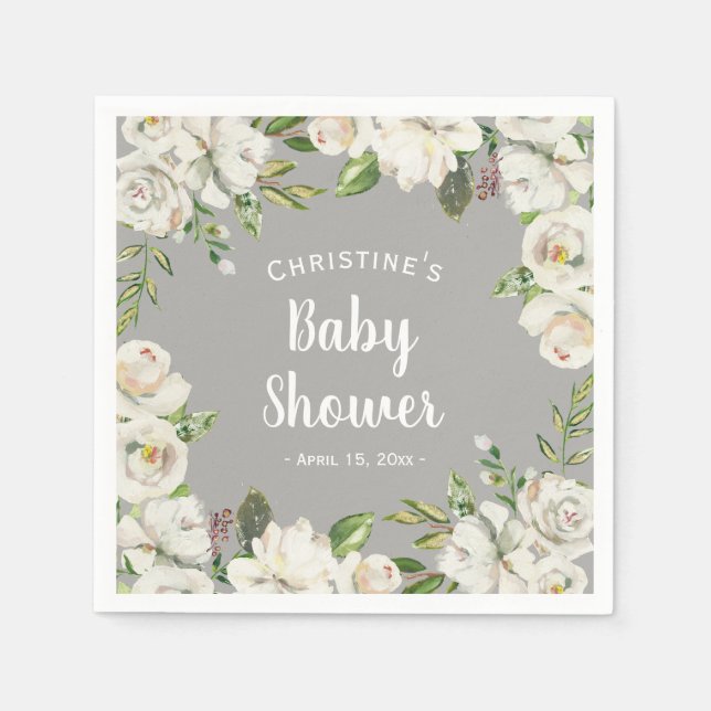 White Flowers Neutral Grey Baby Shower Sprinkle Napkin (Front)