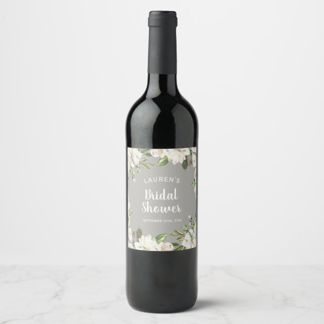 White Flowers Neutral Rustic Floral Bridal Shower Wine Label (Front)
