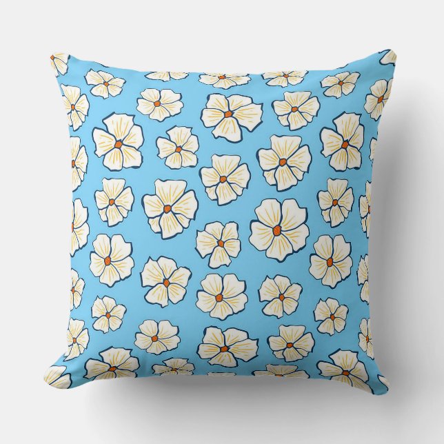 White Flowers on a Blue Background Cushion (Front)