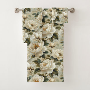 White flowers on a cream background. bath towel set