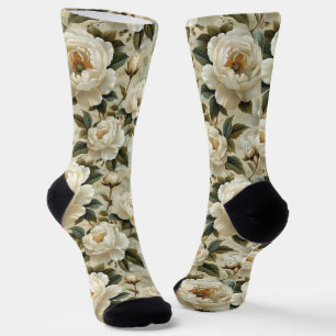 White flowers on a cream background. socks