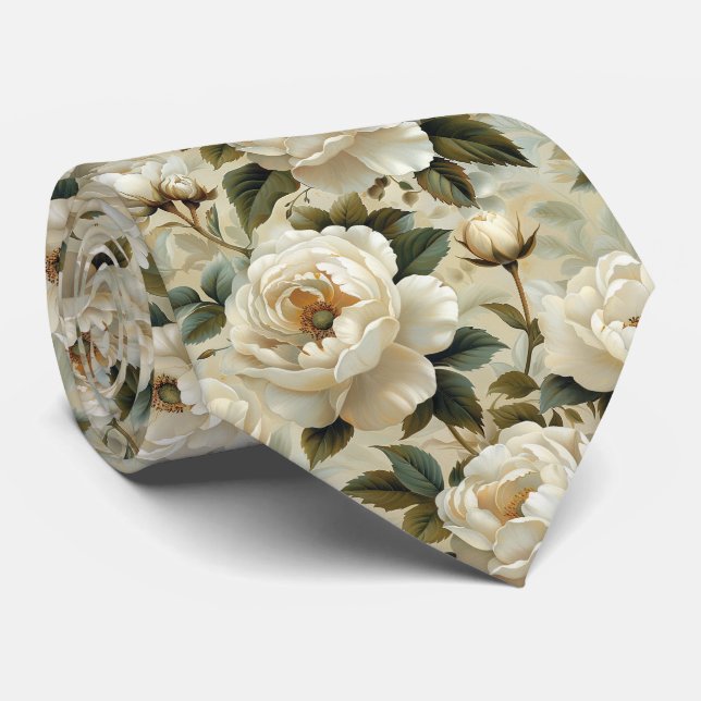White flowers on a cream background.  tie (Rolled)