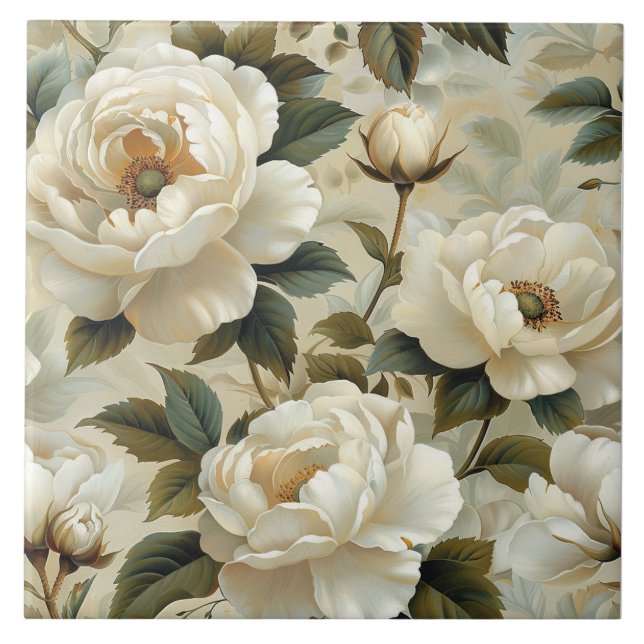 White flowers on a cream background.  tile (Front)
